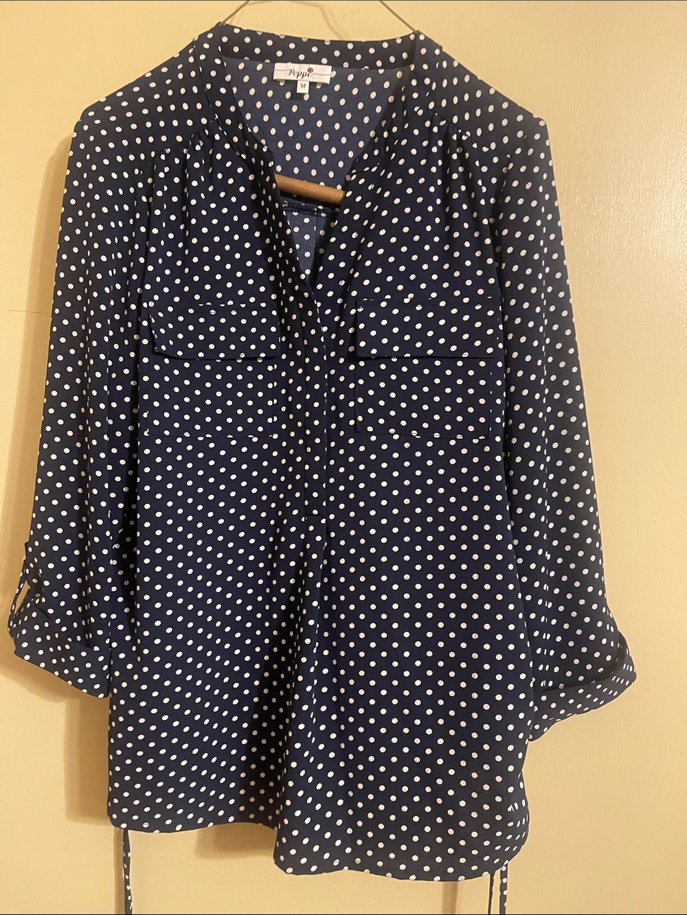 Polka Dot Navy Blouse with Front Pockets